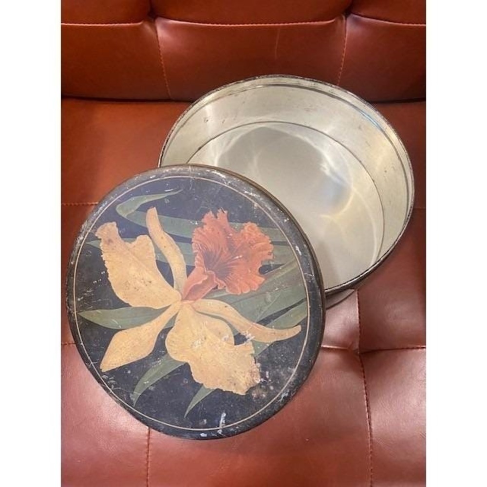 Metal Tin Yellow Orange Orchid Floral Black Storage Cookie Vintage Large Round